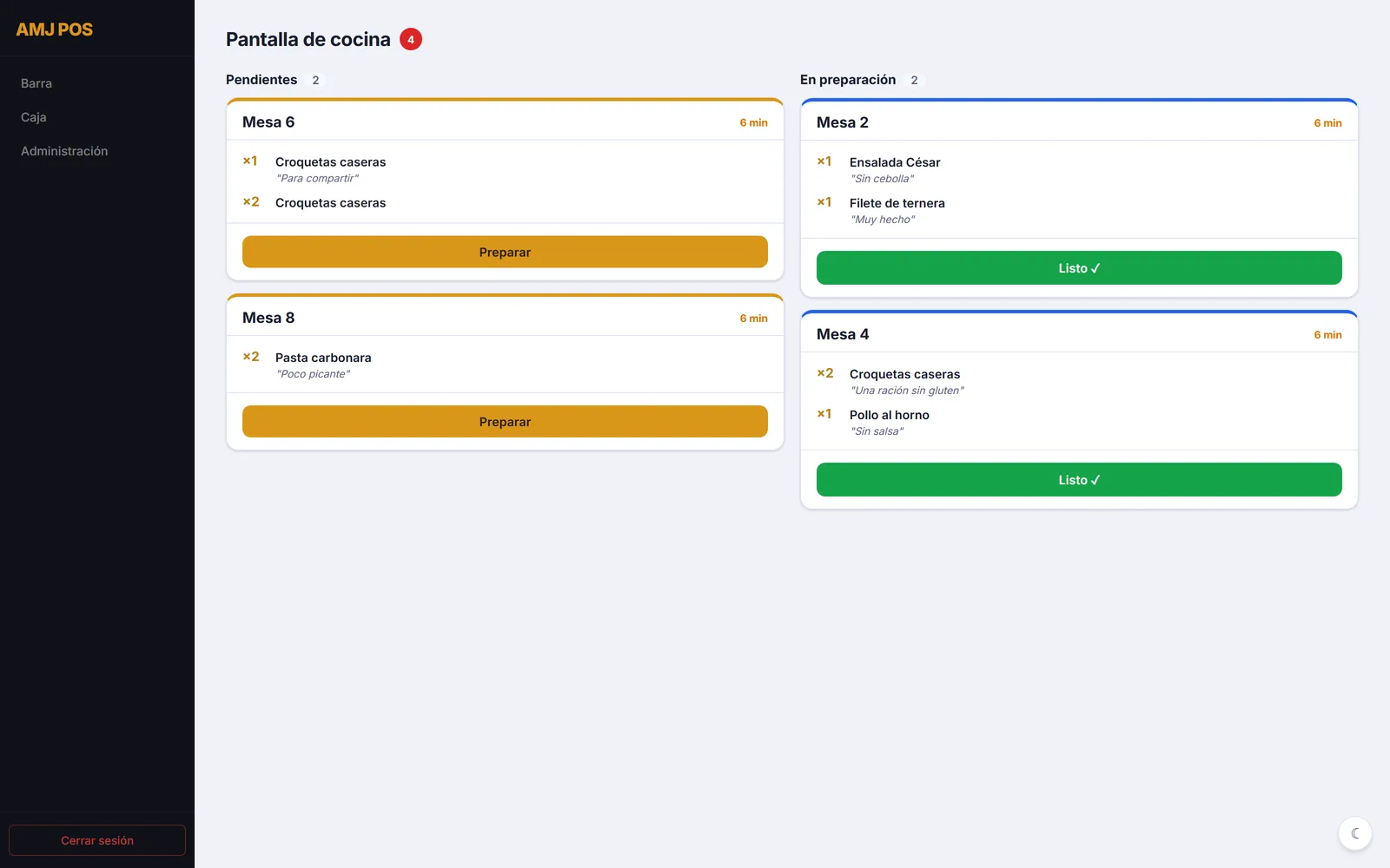 Pantalla de cocina (KDS) con comandas pendientes y en preparación
